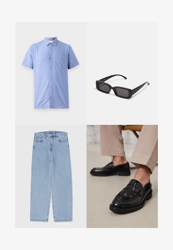 Korte mouw shirt gemaakt van een lichtblauwe stof met een geruit patroon, voorzien van een knoopsluiting aan de voorkant en een borstzak.; Witte katoenen tanktop met een ronde halslijn, brede schouderbanden en een rechte zoom, met een gladde textuur en zonder zichtbare patronen.; Lichtblauwe denim jeans met een recht model, voorzien van een middelhoge taille, vijf zakken en een knoop- en ritssluiting.; Zwarte leren loafers met een gladde afwerking, voorzien van een decoratieve band en contrasterende stiksels, gecombineerd met beige broeken.; Zwarte rechthoekige zonnebril met donkere lenzen, glanzende afwerking, brede pootjes en een robuust frameontwerp. Gegraveerde merknaam op één van de pootjes.; Witte parelketting met een uniforme ronde vorm, gladde oppervlakte en een metalen sluiting met een uitbreidingsketting voor verstelbare lengte.