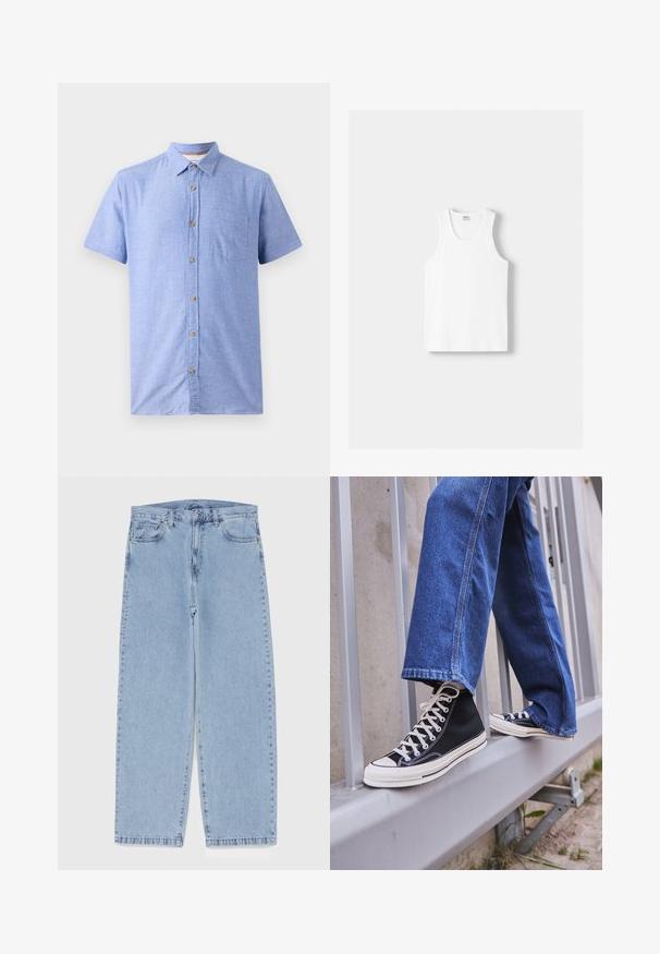 Rövid ujjú ing világoskék szövetből, kockás mintával, gombos elülső résszel és mellzsebre.; Fehér pamut ujjatlan felső kerek nyakkivágással, széles vállpántokkal és egyenes szegéllyel, sima textúrával, látható minták nélkül.; Világoskék farmernadrág egyenes szárú kivitelben, közepes derékkal, öt zsebbel, gombos és cipzáros záródással.; Fekete magasszárú sportcipők fehér talppal és fűzővel, laza kék farmernadrággal párosítva, egy szürke korlát tetején pihenve.