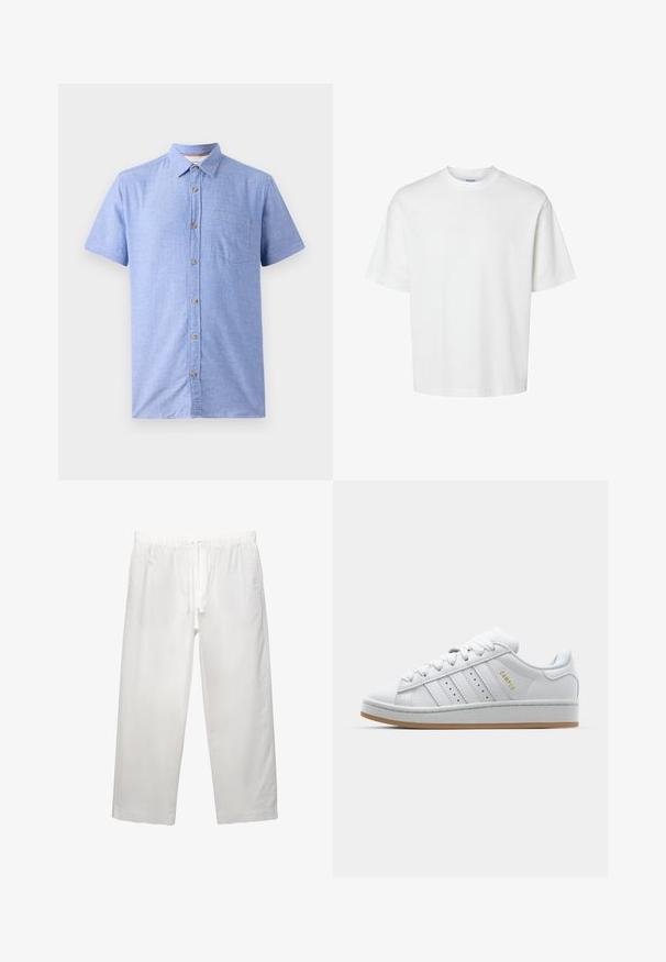 Koszula z krótkim rękawem wykonana z jasnoniebieskiej tkaniny w kratkę, z zapięciem na guziki z przodu i kieszonką na piersi.; Biała bawełniana koszulka z krótkim rękawem, okrągłym dekoltem i luźnym krojem. Gładka struktura bez widocznych wzorów czy akcentów.; Białe lniane spodnie z elastycznym pasem i sznurkiem, szerokimi nogawkami i czystymi szwami. Gładka tekstura z luźnym krojem.; Białe trampki z perforowanym wzorem trzech pasków, teksturowanymi akcentami, gumową podeszwą oraz złotym logiem "CAMPUS" z boku.
