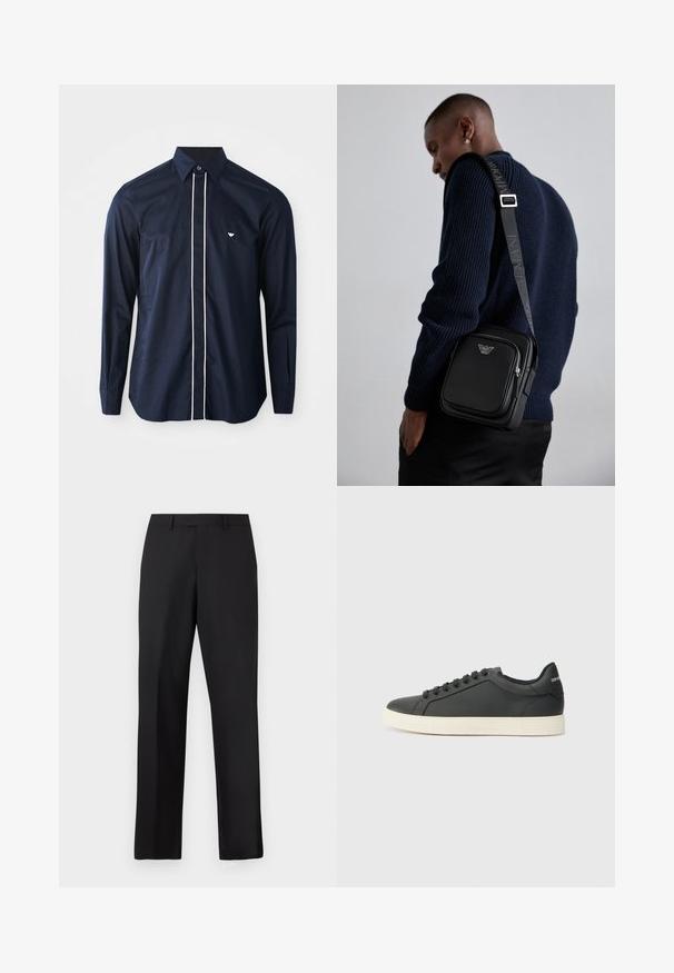 Tengerészkék, hosszú ujjú pamut ing klasszikus gallérral, fehér szegéllyel az elején és egy kis logóval a bal mellen.; Fekete, egyenes szárú nadrág sima anyagból. Standard derékpánttal rendelkezik, és nincsenek látható minták vagy díszítések.; Fekete bőr sportcipő alacsony profilú, lekerekített orral és fűzős záródással; texturált gumitalppal és logó részlettel a saroknál.; Fekete bőr keresztpántos táska cipzáras rekesszel, logó részlettel és márkázott állítható pánttal. Egy texturált tengerészkék pulóver mellett viselve.
