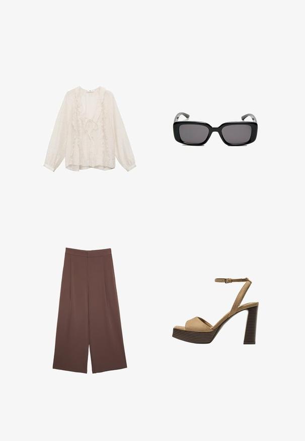Blusa bianca a maniche lunghe realizzata in tessuto leggero, con dettagli a volant lungo il collo a V e sulla parte anteriore, con una vestibilità ampia.; Pantaloni ampi marroni con una texture liscia, caratterizzati da una vita alta e pieghe frontali. Il tessuto è leggero e scorre liberamente.; Sandali con tacco alto in suede beige, con una larga fascetta anteriore e una fascetta alla caviglia, dotati di un tacco blocco in legno spesso con una finitura testurizzata.; Occhiali da sole neri rettangolari con lenti scure, montatura in plastica liscia e tempie curve. Il design è voluminoso con un'estetica minimalista.