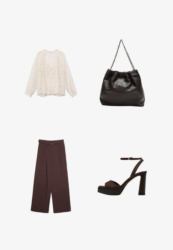 Weiße Langarmbluse aus leichtem Stoff, mit Rüschendetails entlang des V-Ausschnitts und auf der Vorderseite, in lockerer Passform.; Stradivarius WIDE-LEG WITH BUCKLE DETAIL - Stoffhose - dark brown; Braune Wildleder-Pumps mit offenem Zeh, verstellbarem Knöchelriemen und gestreiftem Plateausohlen.; Braune Lederhandtasche mit gerafftem Oberteil und Kettenriemen. Glatte Textur mit glänzendem Finish und subtilen Nahtdetails an den Seiten.