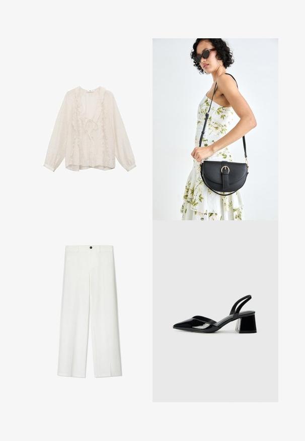 White long-sleeve blouse made from lightweight fabric, featuring ruffled accents along the V-neck and down the front, with a loose fit.; White, wide-leg trousers with a smooth texture, featuring a front button closure and belt loops, tailored for a relaxed fit.; Black patent leather slingback heels with a pointed toe and a geometric block heel. Features a sleek, minimal design and smooth texture.; Black leather handbag with a curved shape, detachable strap, and gold hardware. The bag features a flap with a buckle detail.