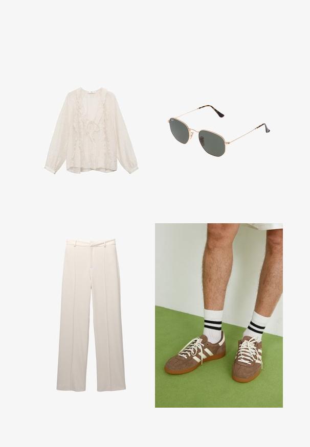White long-sleeve blouse made from lightweight fabric, featuring ruffled accents along the V-neck and down the front, with a loose fit.; Wide-leg trousers in light beige fabric with a smooth texture. Features a fitted waistband, front pleats, and no visible pockets.; Brown suede sneakers with white accents and laces. Rubber gum sole. Worn with white socks featuring black stripes. Green textured flooring.; Gold metal-frame sunglasses with dark green lenses, aviator style, featuring slim arms and tortoiseshell accents on the tips.