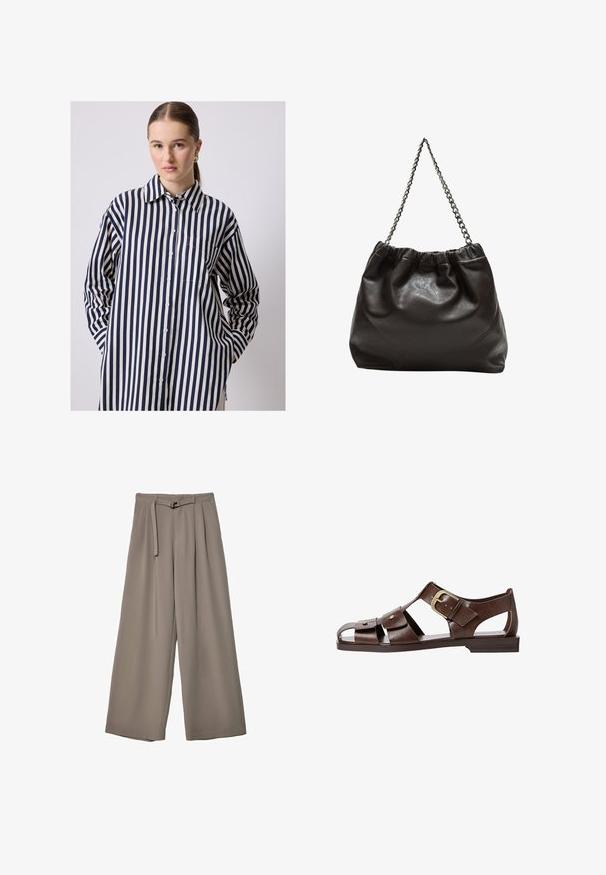 Camicia button-up con maniche lunghe, realizzata in tessuto leggero, caratterizzata da strisce verticali blu navy e crema, con orlo curvo e taschino sul petto.; Pantaloni a gamba larga in un morbido tessuto grigio tenue, con vita con cintura e pieghe per un tocco di design aggiuntivo. Texture liscia, senza motivi.; Sandal in pelle marrone con un design a intaglio, cinturino laterale regolabile e suola piatta, con dettagli metallici e punta aperta.; Borsa in pelle marrone con parte superiore arricciata e tracolla a catena. Texture liscia con finitura lucida e dettagli di cucitura sottili sui lati.