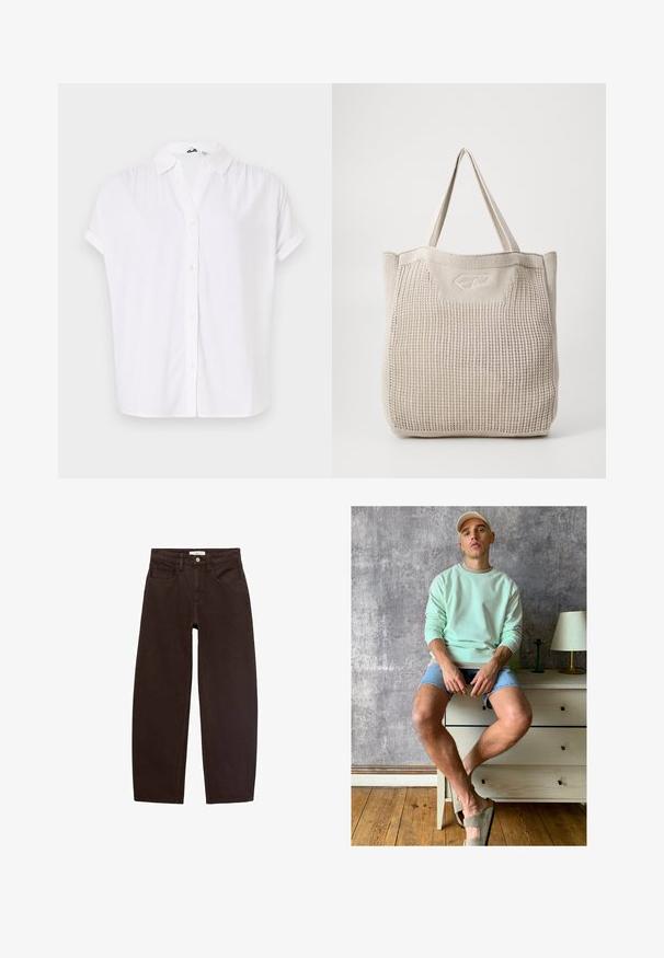 Weißes Kurzarmhemd aus leichtem Stoff, mit Kragen und einer Knopfverschlussleiste mit kleinen, runden Knöpfen.; Beige gerippter Tanktop mit rundem Ausschnitt, ärmellosem Design und kleinem geprägtem Logo in der Mitte der Vorderseite. Weiche Stoffstruktur.; Braune Jeans aus Denim mit entspannter Passform, ausgestattet mit fünf Taschen, Gürtelschlaufen und klassischem Reißverschluss. Glatte Textur und gerades Bein-Design.; Mintgrüner Sweatshirt, Jeansshorts und olivgrüne Slipper. Sitzt auf einer hellen Kommode vor einer strukturierten grauen Wand.; Beige gestrickte Tragetasche mit strukturierten Oberflächen, zwei robusten Griffen und einem dezenten Logodetail auf der Vorderseite. Rechteckige Form für vielseitige Verwendung.