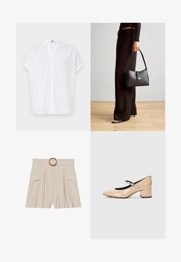 White short-sleeve shirt made of lightweight fabric, featuring a collar and a button-front closure with small, round buttons.; Beige high-waisted shorts with a wide, flat waistband, wooden circular buckle, pleated front, and two side pockets. Smooth fabric texture.; Beige patent leather Mary Jane shoes with a mock toe, a buckle strap, and a mid-height block heel. Smooth texture with a glossy finish.; Black handbag with structured shape, smooth texture, and a metallic clasp. Paired with wide black pants and open-toe sandals on wooden floor.