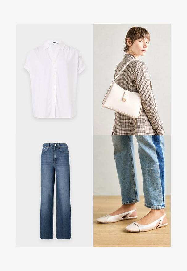 White short-sleeve shirt made of lightweight fabric, featuring a collar and a button-front closure with small, round buttons.; Blue denim jeans with a high waistband and wide-leg cut. Features a classic five-pocket design and metal button detailing.; Pale pink slingback flats with a pointed toe, made from a smooth leather-like material. Features cut-out details at the sides and a flat heel.; White leather handbag with a structured design, featuring a magnetic clasp and a shoulder strap, showcased against a neutral background.