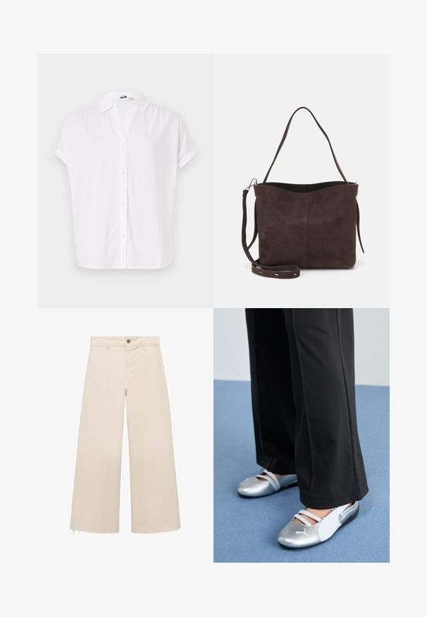Camicia bianca a maniche corte realizzata in tessuto leggero, con colletto e chiusura frontale con bottoni piccoli e rotondi.; Pantaloni a gamba larga in cotone beige chiaro, con chiusura a bottone, orlo leggermente sfrangiato e design a vestibilità ampia.; Scarpe piatte argento e bianche con cinturini incrociati e dettagli testurizzati, abbinate a pantaloni neri larghi. Ambientate su un pavimento blu.; Borsa a spalla in suede marrone con una texture morbida, caratterizzata da una singola tracolla e un'apertura superiore leggermente curvata. Nessun dettaglio hardware visibile.