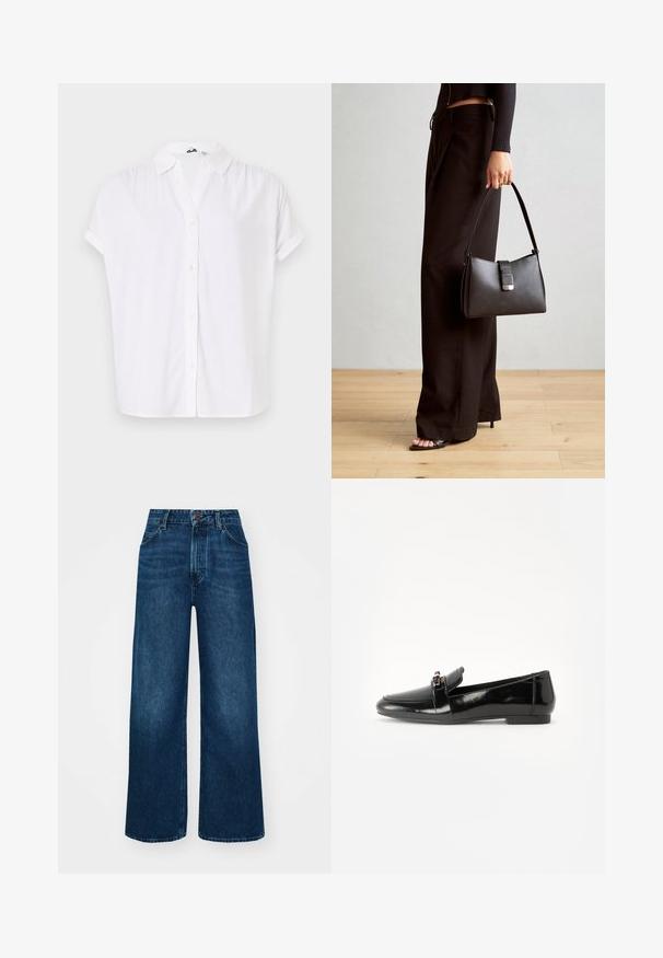 Camisa branca de mangas curtas feita de um tecido leve, com colarinho e fecho frontal com botões pequenos e redondos.; Jeans de cintura alta e pernas largas em denim azul escuro com uma textura suave, costuras em contraste e design de cinco bolsos. Fecho frontal com botão.; Mocassim em cabedal preto brilhante com sola plana, bico arredondado e uma faixa decorativa com um detalhe em tom dourado. Acabamento liso e cintilante.; Bolsa preta com forma estruturada, textura suave e um fecho metálico. Combinada com calças largas pretas e sandálias de salto aberto sobre um chão de madeira.