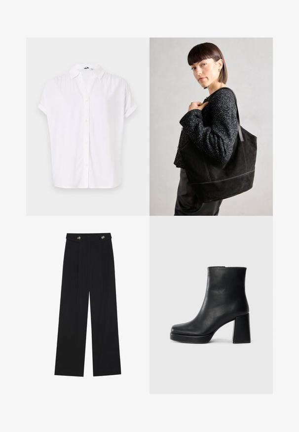 Camicia bianca a maniche corte realizzata in tessuto leggero, con colletto e chiusura frontale con bottoni piccoli e rotondi.; Pantaloni neri a gamba larga con vita alta, dettagli con bottoni in vita e pieghe frontali.; Stivale alla caviglia in pelle nera con tacco a blocco e suola platform, visto di lato su uno sfondo bianco uniforme.; Borsa tote nera in suede con una texture liscia, forma strutturata e cuciture a contrasto. Presenta lunghe tracolle per il trasporto a spalla.