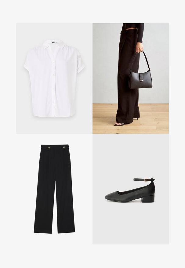 Chemise blanche à manches courtes en tissu léger, dotée d'un col et d'une fermeture à boutons à l'avant avec de petits boutons ronds.; Pantalons larges noirs à taille haute, avec des détails de boutons à la taille et des plis sur le devant.; Escarpin en cuir noir avec un bout pointu et un petit talon bloc. Doté d'une bride de cheville avec une boucle dorée. Texture lisse.; Sac à main noir à la forme structurée, texture lisse et fermoir métallique. Associé à un pantalon noir ample et des sandales ouvertes sur un sol en bois.