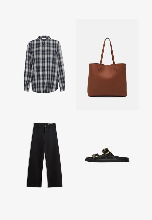 Sötétkék és fehér kockás mintázatú, hosszú ujjú, flanel anyagból készült ing, mandarin gallérral és fekete gombokkal.; Fekete, bő szabású farmernadrág magas derékkal, elülső és hátsó zsebekkel, varrott felületekkel és gombos záródással. Sima textúra.; Fekete csúszó szandál, két arany csattal, sima textúrájú anyagból, lapos talppal és minimalista dizájnnal.; Barna bőr vászontáska sima textúrával, nyitott tetejű dizájnnal és két vállpánttal. Minimális varrással és látható hardver nélkül készült.