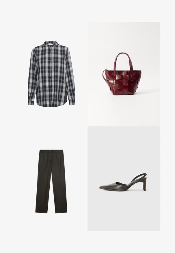 Camicia button-up a quadri navy e bianca, maniche lunghe, realizzata in materiale flanella, con colletto alla cinese e bottoni neri.; Pantaloni larghi di colore verde scuro, con una texture liscia, cintura elastica e tasche laterali. Design semplice senza modelli o accessori visibili.; Décolleté slingback a punta in pelle marrone scuro con una texture liscia, dotato di una cintura stretta e di un tacco a stiletto di media altezza.; Borsa a tote in pelle borgogna intrecciata con due manici corti e una tracolla rimovibile. Presenta una forma strutturata e una texture liscia.