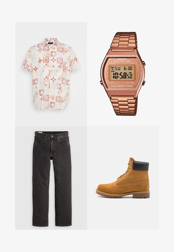 Kortærmet skjorte med knapper i let stof, der har et patchwork-motiv med røde, blå og cremefarvede geometriske mønstre.; Sorte denim jeans med lige ben, fem lommer og metalbeslag. Stoffet har en let struktur og en ensfarvet finish.; Tan nubuck ankelstøvle med sort polstret krave, gyldne metaløjer, hvid syning detaljer og robust gummisål med udtalte slidbaner.; Digital Casio ur med et roseguld metalarmbånd, rektangulær kasse, oplyst skærm og vandtæthed, som viser tid og dato.