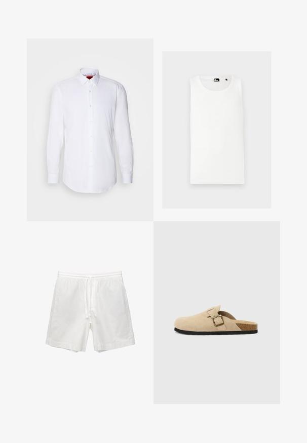 Camicetta bianca a manica lunga realizzata in tessuto liscio, con colletto classico, chiusura frontale con bottoni rotondi piccoli e polsini abbottonati.; Top bianco senza maniche realizzato in materiale a coste, dotato di scollatura a girocollo e piccolo logo del marchio sulla parte anteriore.; Shorts bianchi in cotone con vita elasticizzata e cordino, tasche laterali e taglio dritto con orli rifiniti.; Zoccoli beige in suede con piede in sughero, punta rotonda e una semplice fascia con una fibbia dorata. Suola in gomma per una buona aderenza.