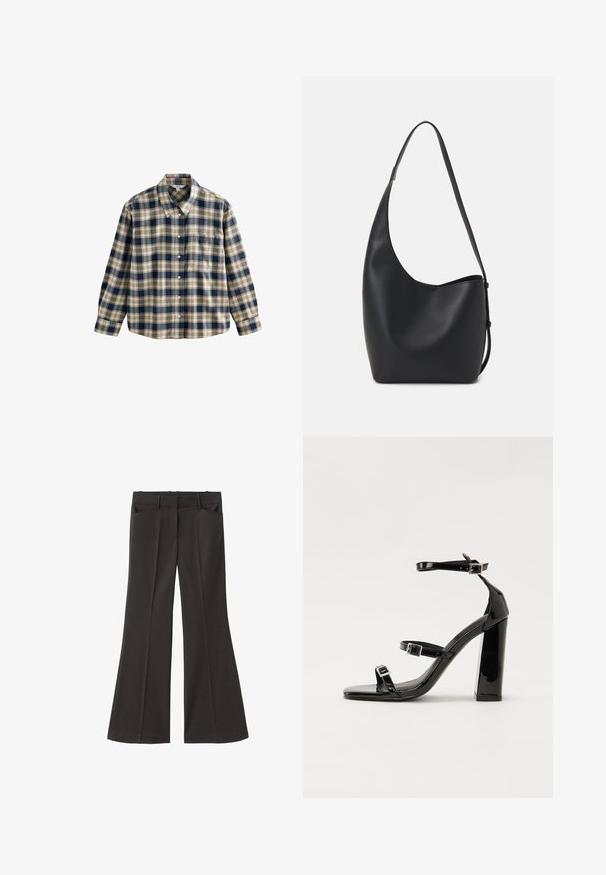 Geverifieerd flanellen overhemd in marineblauw, crème en beige. Bevat een kraag, knopenfront, lange mouwen en een enkele borstzak. Zachte textuur.; Zwarte flared broek met een hoge taille; beschikt over twee voorkeurszakken en een gladde stoftextuur. Geschikt voor verschillende gelegenheden.; Zwarte gepatenteerde sandalen met hak en een vierkante neus, enkelbandjes en zilveren gespen. Heeft een stevige blokhak voor stabiliteit.; Zwarte leren hobo tas met een gladde textuur, kromme vorm en een enkele verstelbare schouderband; heeft een brede opening aan de bovenkant.