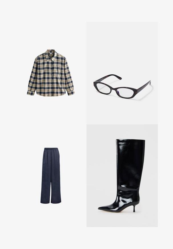 Geverifieerd flanellen overhemd in marineblauw, crème en beige. Bevat een kraag, knopenfront, lange mouwen en een enkele borstzak. Zachte textuur.; Marineblauwe wijde broek gemaakt van een soepele stof met een elastische tailleband en zonder zichtbare hardware. Heeft een relaxte pasvorm en een volledige lengte.; Kniehoog zwarte leren laars met een glanzende afwerking, puntige neus en een slanke hak. Gladde textuur met minimale ontwerpelementen.; Cat-eye zonnebril met een glanzend donker tortoise-shell plastic frame, uitgerust met gebogen armen en heldere lenzen. Minimale branding aan de zijkant.