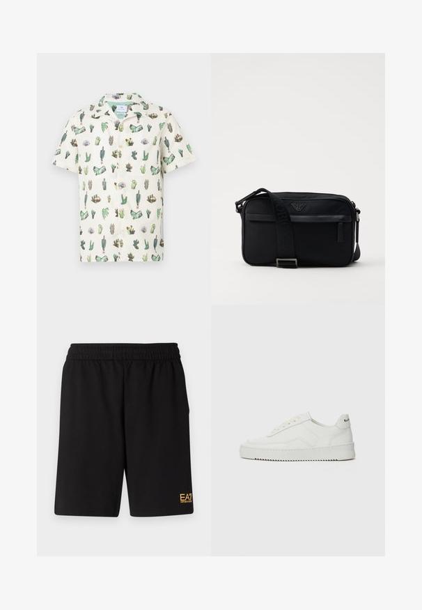 Korte mouw shirt met een crèmekleurige achtergrond en een verscheidenheid aan groene cactussen en vetplanten illustraties, met knoopsluiting en zachte stof.; Witte korte mouwen t-shirt met een herhaald zwart V-vormig patroon, gemaakt van zachte katoen met een ontspannen snit en ronde halslijn.; Zwarte sportshorts van zacht materiaal, met een elastische tailleband en een klein geel EA7-logo op de onderste linkeronderbroek.; Witte leren sneaker met een gladde afwerking, ronde neus, platte veters en een gestructureerde zool. Kenmerkt zich door een subtiel logo op de hiel.; Zwarte nylon schoudertas met een contrasterende schouderband, een slank rechthoekig ontwerp, een logo-detail en een ritszak aan de voorkant.