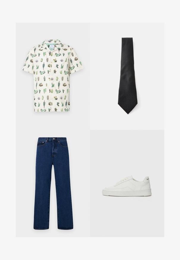 Kortermet skjorte med en kremfarget bakgrunn og forskjellige grønne kaktuser og sukkulenter illustrasjoner, knappe-ned design og myk stoff.; Mørkeblå denimjeans med rett benkutt, med oransje søm, knapptylling og to frontlommer med kontrasterende nitter.; Hvite lærersneakers med en jevn overflate, rund tå, flate lisser og en teksturert såle. Har en subtil logo på hælen.; Sorte slips med et strukturert mønster som smalner til en spiss ende. Laget av et glatte stoff med et subtilt design. Dimensjonene virker standard.