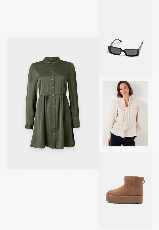 LELA REGULAR FIT - Pogājama blūze - stone; Olīvu zaļš garā piedurkne ar pogām pie krūtīm, ar pieguļošu jostu un apkakli, nedaudz izsistā svārku daļa un piekārtinātas piedurknes.; Bēša zamšadeguna potīte ar platformas zoli, apaļu purngalu un šuvju akcentiem; aizmugurē ir vilkšanas cilpa, kas nodrošina ērtu uzvilkšanu.; Melni saulesbrilles ar taisnstūra rāmjiem, tumšiem stikliem un gludu, spīdīgu apdari. Rāmjiem ir plānas kājas ar izsmalcinātu zīmolu uz sāniem.; Michaela Korsa rokassomi bez̦ā īšojuma, kas izgatavota no apklāta kanvas, iekļaujot atkārtotu MK logotipa rakstu, zelta aparatūru un noņemamu ķēdes siksnu.