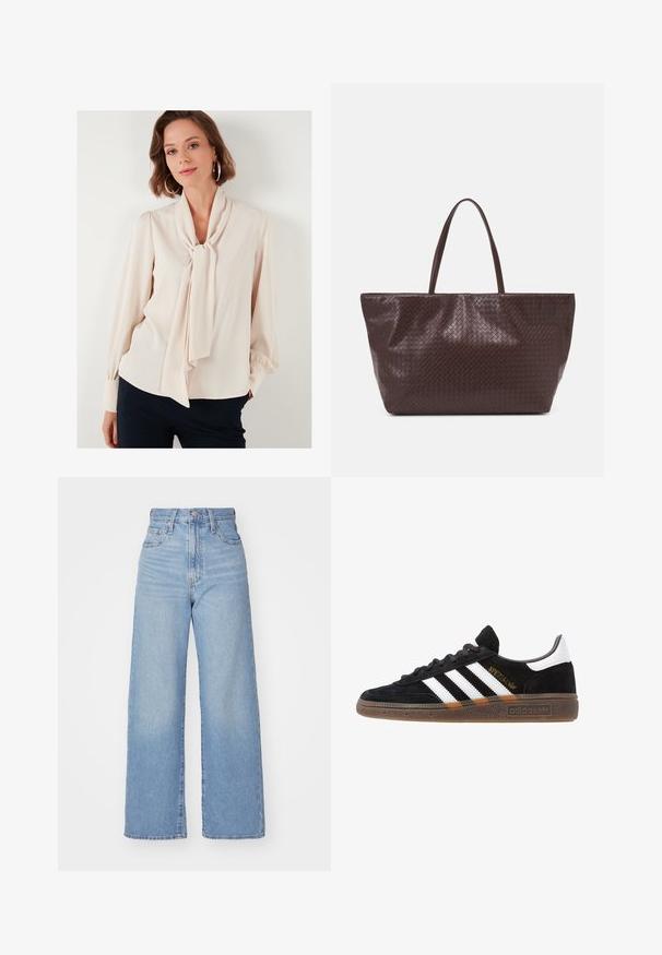 LELA REGULAR FIT - Overhemdblouse - stone; Lichtblauwe high-waist wijde jeans met een knoop- en ritssluiting aan de voorkant, voor- en achterzakken, op een witte achtergrond.; Zwarte Adidas sneaker met witte strepen, gouden "Spezial" tekst, gumzool en witte hieltab, weergegeven in zijaanzicht.; Bruine gevlochten leren tote bag met twee handvatten, een gestructureerde vorm en een getextureerd oppervlak, met een diamantpatroon overal.