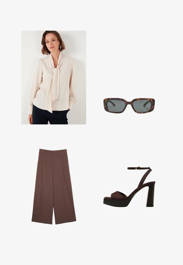 LELA REGULAR FIT - Bluza s gumbima - stone; Smeđe hlače širokog kroja s glatkom teksturom, koje imaju visok struk i nabore sprijeda. Tkanina je lagana i slobodno se kreće.; Smeđe zamšaste sandale s visokim potpeticama, otvorenim prstima, podesivom trakicom oko gležnja i prugastom platformom.; Smešane sunčane naočale s pravokutnim lećama, debelim okvirom i tamnim lećama. Glatka tekstura i minimalistički dizajn.