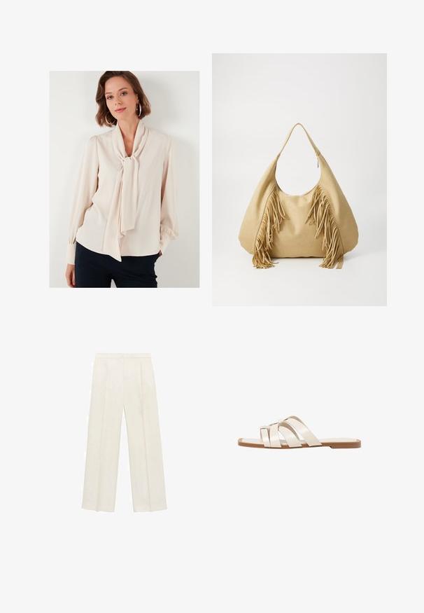 LELA REGULAR FIT - Košilová halenka - stone; Kalhoty s širokými nohavicemi v světle krémové barvě. Vyrobené z hladké tkaniny s záhyby vpředu a bočními kapsami.; Ploché sandály s hnědou gumovou podrážkou, navržené se třemi překrývajícími se bílými koženými řemínky a malým mašlí uprostřed.; Hnědá velurová kabelka přes rameno s velkým otvorem a dlouhými třásněmi po obou stranách, s hladkým povrchem a jedním držadlem.