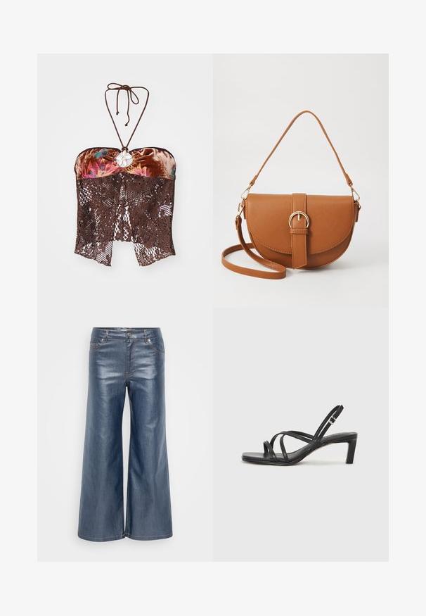 Rudas aksominis viršelis su gėlių akcentais, turintis centrinius dekoratyvinius elementus ir nėrinius primenančius puošybos elementus apvade.; Tamsiai mėlyni plačių kojų džinsai, turintys lygią tekstūrą, su penkių kišenių dizainu ir kontrastingomis siūlėmis. Priekyje mygtuko ir užtrauktuko uždarymas.; Juodi šlepetės su kvadratiniu pirštu ir žemu bloku kulnu. Yra keli ploni dirželiai ir reguliuojamas kulkšnies diržas. Pagaminti iš lygios odos.; Ruda odinė kryžminė rankinė, turinti kreivą formą, auksinius metalinius elementus ir sagtį. Yra nuimama petneša.; Sidabrinis dvigubas žiedas su lygiu, poliruotu paviršiumi. Pasižymi sklandžiu, kreiptu dizainu su persipinančiomis dalimis, suteikiančiomis modernų išvaizdą.