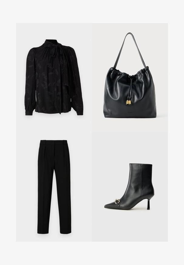 Melna blūze ar augstu apkakli un saišu detaļām. Iekļauj diskrētu ziedu rakstu un pūkainas garās piedurknes ar sakārtotām aprocēm. Gluda tekstūra.; Melnas pielāgotas bikses ar taisnu piegriezumu, ar plecu priekšpusi, pulētu audumu un vidēju jostasvietu. Nav redzamu kabatu vai detaļu.; Melnā ādas potīšu zābaku ar smailu purngalu, šauru vidēja augstuma papēdi un sudraba sprādzi sānos uz vienkrāsaina fona.; Melnas ādas zīmogs ar gludu tekstūru, savilktā augšdaļa un izsmalcināta zelta apdare. Iebūvēta viena izturīga siksna un iešūts logotips.
