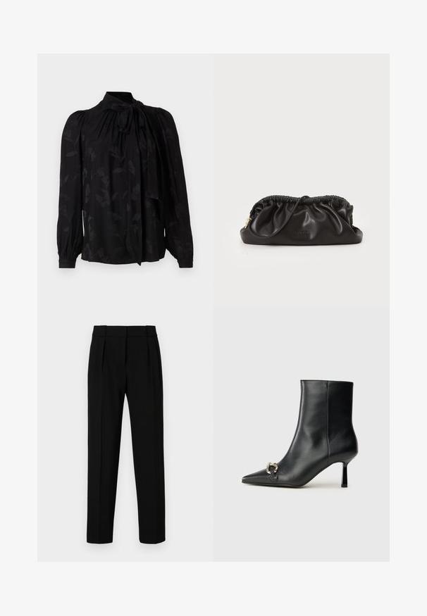 Black blouse with a high collar and tie detail. Features a subtle floral pattern and puffed long sleeves with gathered cuffs. Smooth texture.; Black tailored trousers with a straight fit, pleated front, polished fabric, and a medium waistband. No visible pockets or hardware details.; Black leather ankle boot with pointed toe, slim mid-height heel, and silver buckle detail on side against plain background.; Black leather clutch bag with gathered top, zip closure, and gold hardware accent. Smooth texture with embossed logo detail.
