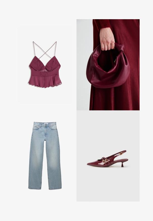 Burgundi színű pántos felső, flared aljjal, laza, áttetsző overlay-vel és elöl állítható megkötő részlettel a kényelmes illeszkedés érdekében.; Világoskék, bő szárú farmernadrág. Klasszikus, öt zsebes kialakítással, gombos és cipzáras záródással.; Burgundi lakkbőr slingback cipő hegyes orral, két lapos pánttal, amelyek arany csatokkal díszítettek, és kis sarokkal.; Burgundi bőrtáska puhán ráncolt dizájnnal és kerek alakban. A fogantyú rögzítve van, sima textúrával rendelkezik.