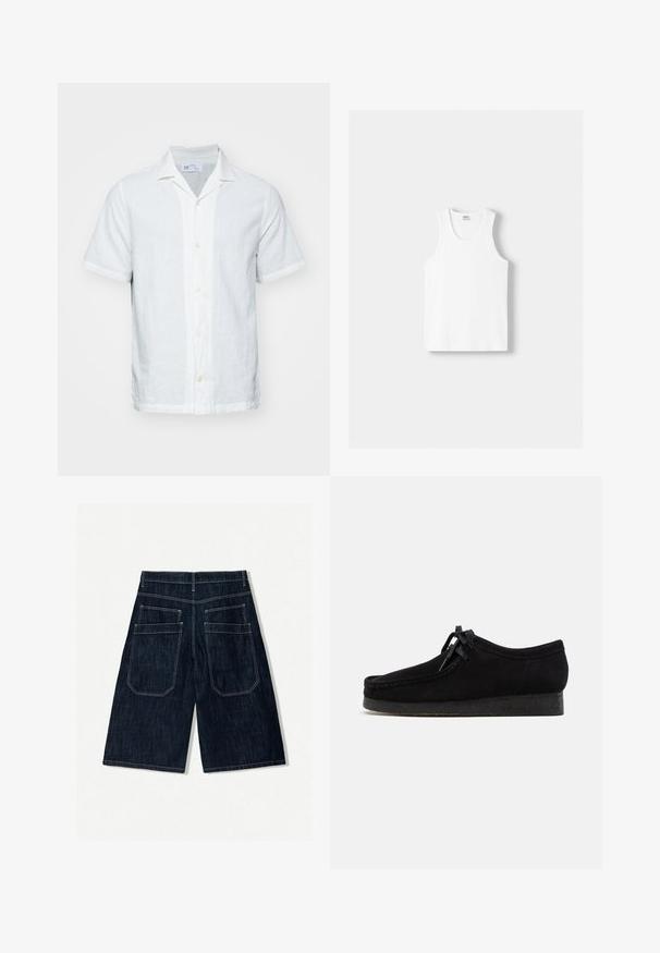 Lyhythihainen pellavapaita vaalean valkoisena, jossa on kaulus, napitus edessä ja hieno tekstuuri. Sisältää suoran helman ja käärityt hihat.; Valkoinen puuvillainen hihaton paita, jossa on pyöreä kaula-aukko, leveät olkaimet ja suora helma. Paidan tekstuuri on sileä, eikä siinä ole näkyviä kuvioita.; Tummansinisiä farkkushortsit, joissa on löysä malli, kaksi takataskua, kontrastiväriset tikkaukset ja suora lahjemuoto.; Mustat mokkasiinijalkineet, joissa on pyöristetty kärki, nauhakiinnitys edessä ja teksturoitu musta kumipohja. Sileä yläosa, jossa on hienovaraisia ompelutyön yksityiskohtia.