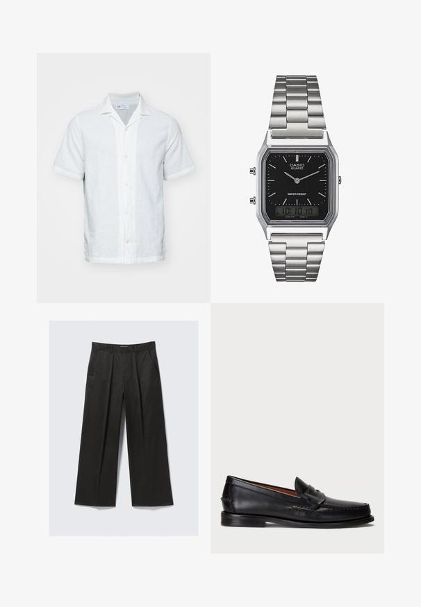 Košulja od lagane bijele lanene tkanine s kratkim rukavima, ovratnikom i kopčanjem sprijeda. Ima suptilan teksturirani uzorak, ravni rub i uvrnute rukave.; Polo majica dugih rukava u tamnoplavoj boji izrađena od rebrastog materijala. Ima okrugli izrez i tri dugmeta na zaplatku. Manžetne su uske.; Crne hlače širokog kroja s glatkom teksturom, sadrže dva prednja džepa i blago podignut struk.; Crne kožne mokasine s zaobljenim vrhom, prošivom detalja i dekorativnom trakom preko prednje strane. Ravni potplat s minimalnim profilom.; Srebrni kvarcni sat od nehrđajućeg čelika s crnim pravokutnim brojčanikom, koji ima analogne kazaljke, digitalni zaslon i oznaku otpornosti na vodu.