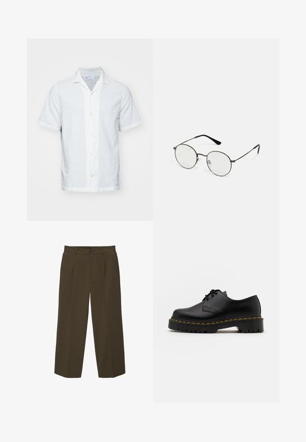 Poletna srajca z kratkimi rokavi iz lahkega belega platna z ovratnikom, gumbom spredaj in subtilno strukturo. Ima ravno obrobo in zavite rokave.; Rjave, udobne hlače iz mehkega blaga z ravnim sprednjim delom, stranskimi žepi in gumbom za zapiranje ob pasu. Enostaven dizajn brez vzorcev.; Črne usnjene čevlje z vezalkami in zaobljenim nosom, z gumijastim podplatom in rumenim šivom okoli osnove. Ravna zasnova in gladka površina.; Krožne kovinske očala s tankimi črnimi okvirji, prozornimi lečami in plastičnimi konicami na ušesnih delih. Minimalistična zasnova z diskretnimi podrobnostmi.