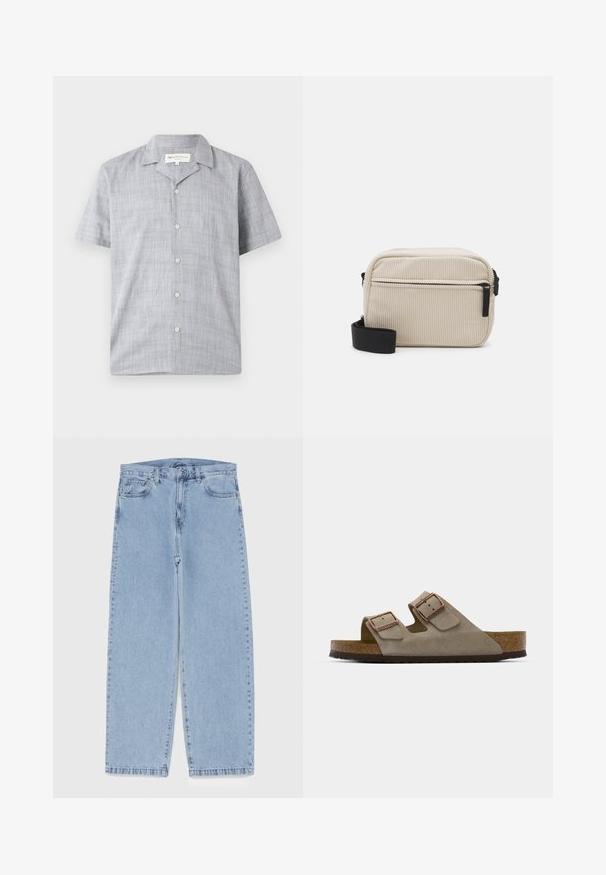 Short-sleeve shirt in light gray, made of textured fabric. Features a collared neck, six buttons, and a relaxed fit.; White sleeveless top made of smooth fabric, featuring a round neckline and a fitted silhouette, suitable for layering or standalone wear.; Light blue denim jeans with straight leg design, featuring a mid-rise waist, five pockets, and a button and zipper closure.; Suede slide sandal in light grey with two adjustable buckles, a cork midsole, and a textured rubber outsole.; Cream-colored corduroy crossbody bag with a black zipper, removable strap, and textured pattern. Features one main compartment and front pocket.; Multi-layer necklace featuring metallic silver chains and beads in white and brown hues, showcasing varied textures and shapes.