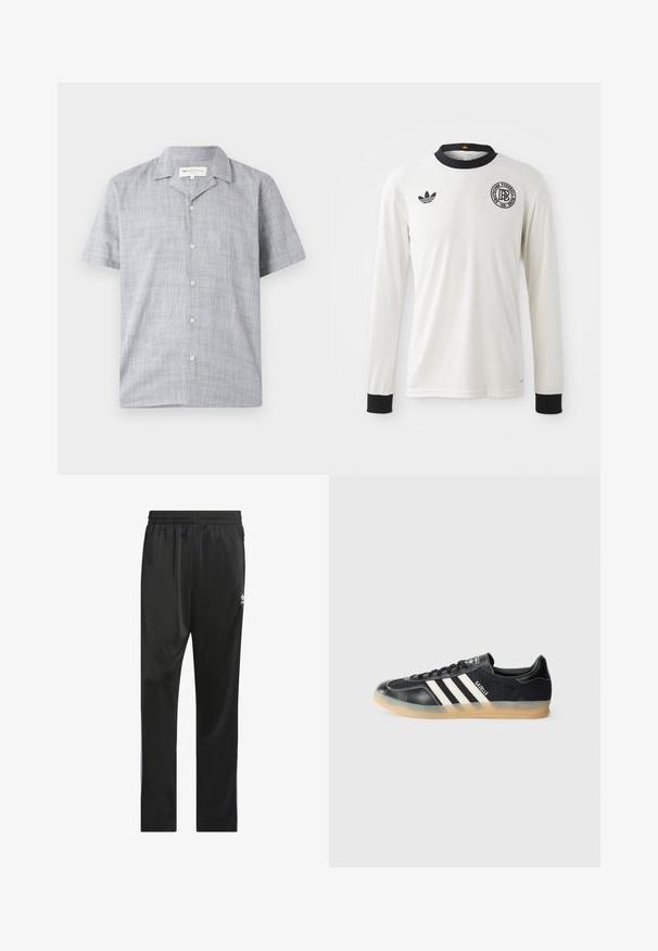 Majica s kratkimi rokavi v svetlo sivi barvi, izdelana iz teksturirane tkanine. Ima ovratnik, šest gumbov in sproščen kroj.; Bela dolga majica za nogomet z ribasto teksturo, črnimi ovratnikom in manšetami, z črnim logotipom Adidas in krožno grafično emblem.; Črne atletske hlače iz gladkega, lahkega materiala. Imajo elastičen pas in bele stranske črte z logotipom na stegnu.; Črne športne copate z belimi črtami, teksturirana tkanina, gladek usnjen nos in gumijast podplat. Vsebuje logo na jeziku.