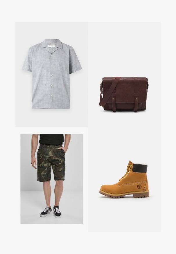 Korte mouwen shirt in lichtgrijs, gemaakt van textuurstof. Heeft een kraag, zes knopen en een ontspannen pasvorm.; Camo cargoshorts met cargopockets, gemaakt van geweven stof in groene en bruine tinten. Gecombineerd met zwarte sneakers met witte veters.; Bruine leren enkellaars met metalen oogjes, witte faux bont voering, zwarte gewatteerde kraag, robuuste zool en een reliëflogo aan de zijkant.; Bruine lederen schoudertas met een platte voorflap, twee banden, gouden hardware-accenten en een verstelbare schouderband.