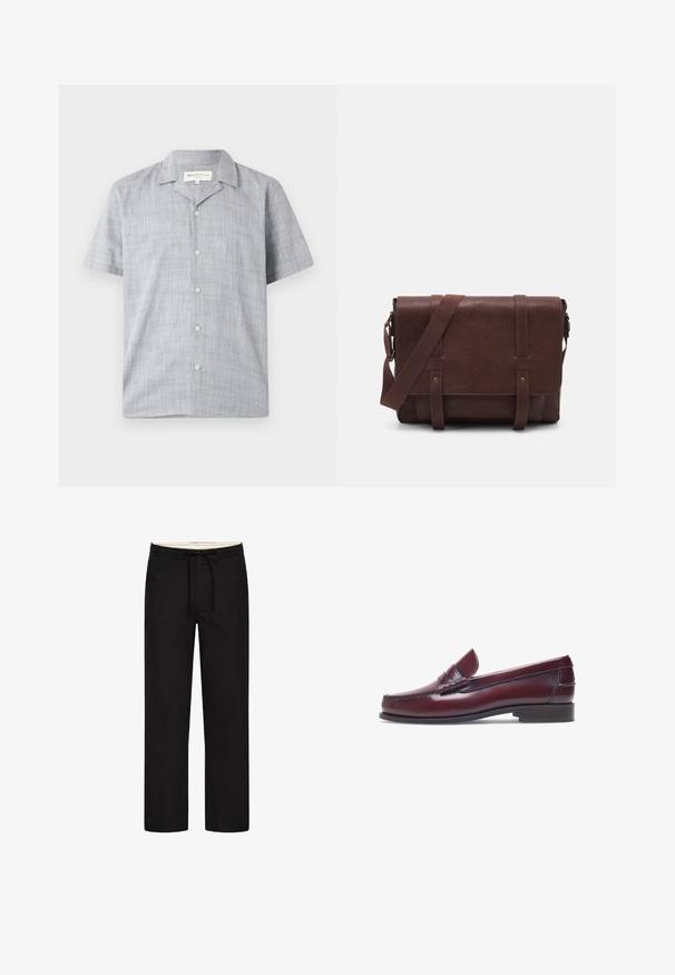 Korte mouwen shirt in lichtgrijs, gemaakt van textuurstof. Heeft een kraag, zes knopen en een ontspannen pasvorm.; Zwarte rechte broek met een elastische tailleband, aantrekkoord en een bescheiden ontwerp. Zachte stoftextuur. Geen zichtbare patronen of accenten.; Bordeaux leren instapper met een ronde neus, gestikte details en een kleine decoratieve accent op de schacht. Platte, contrasterende zool.; Bruine lederen schoudertas met een platte voorflap, twee banden, gouden hardware-accenten en een verstelbare schouderband.