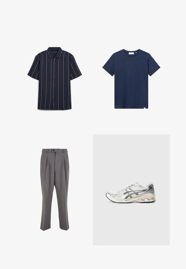 Camicia a maniche corte blu navy con strisce verticali bianche, chiusura con bottoni, colletto a punta e finitura in tessuto testurizzato.; T-shirt in cotone blu navy con scollo rotondo, maniche corte e un piccolo logo ricamato sul lato sinistro del petto. Texture liscia.; Pantaloni grigi plissettati in tessuto liscio, con taglio dritto, chiusura con un bottone e passanti per cintura. Design minimalista.; Scarpa sportiva bianca con accenti argento e neri, parte superiore in rete, design testurizzato, suola imbottita e un modello di battistrada flessibile.