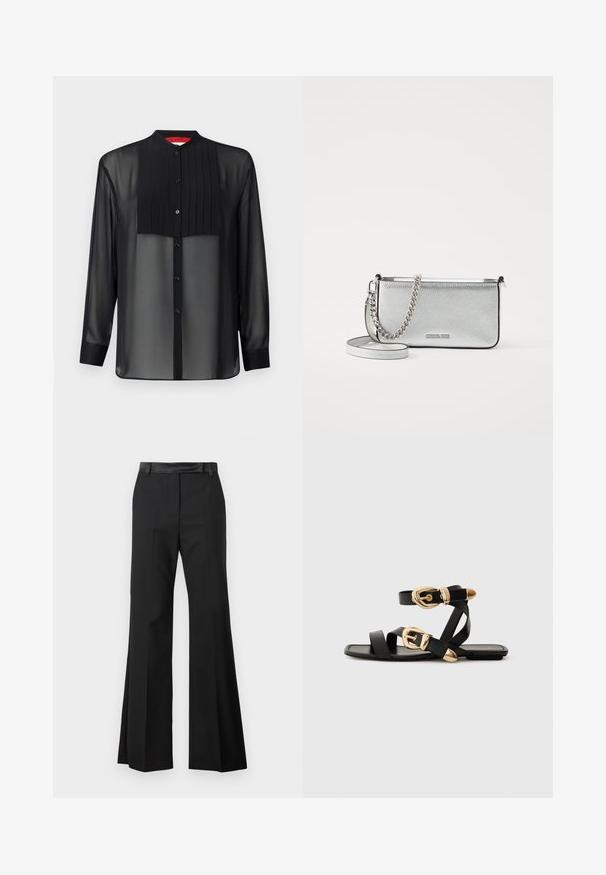 Čierna dlhá košeľa s dlhým rukávom, vyrobená z priesvitného materiálu a s prekladanou prednou časťou. Obsahuje mandarinový golier a gombíkový uzáver na prednej strane.; Čierne rozšírené nohavice s hladkým povrchom, so pevným pásom a prežehlenými skladami pre elegantný vzhľad.; Čierne kožené sandále so zlatými prackami, s viacerými pásikmi a plochou podrážkou pre otvorené nosenie.; Strieborná kožená crossbody taška s textúrovaným povrchom, reťazcovými a ramennými akcentmi a zipsovým uzáverom. Na prednej strane sa nachádza logo.
