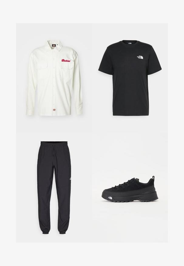 Camicia bianca a maniche lunghe con due tasche frontali, logo "Dickies" ricamato in rosso, design con bottoni e materiale in cotone resistente.; T-shirt nera in cotone con maniche corte, colletto a giro, e un piccolo logo bianco sul lato sinistro del petto. Design semplice, texture liscia e vestibilità rilassata.; Pantaloni sportivi neri realizzati in tessuto leggero, con vita regolabile con cordino, tasche laterali e orli affusolati alle caviglie.; Sneaker da esterno nera con parte superiore in suede, suola in gomma testurizzata e robusto sistema di allacciatura. Presenta un tallone rinforzato e il logo del marchio sul lato.