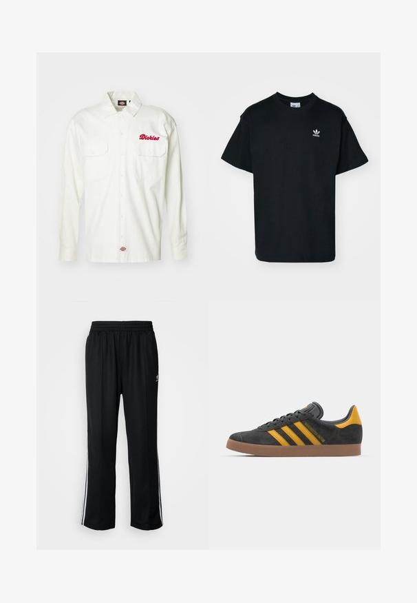 Balta ilgomis rankovėmis marškiniai su dviem priekinėmis kišenėmis, išsiuvinėtu raudonu "Dickies" logotipu, mygtukų uždarymu ir patvaria medvilne.; Juodas medvilnės marškinėliai su apvalia iškirpte ir trumpomis rankovėmis, su mažuoju baltu Adidas logotipu kairėje krūtinės pusėje.; Juodi sportiniai keliai su elastingu juosmeniu, su baltais šonais ir mažu logotipu. Atrodo, kad medžiaga yra minkšta ir lengva.; Juodas zomšinės sportbačiai su geltonais akcentais, turintys tris juosteles ir rudą gumos padą. Apima paminkštintą liežuvėlį patogumui.