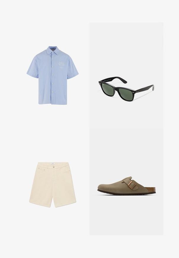 Világoskék, fehér csíkos, rövid ujjú ing gombos kialakítással, klasszikus gallérral és egy kis hímzett mintával a mellrészen.; Fehér ujjatlan póló kerek nyakkivágással és széles pántokkal. Sima, könnyű anyagból készült, minimális dizájnnal, minta nélkül.; Beige farmernadrág rövidnadrág egyenes szabással, öt zsebbel és márkás címkével a deréknál. Gombos és cipzáras záródással rendelkezik.; Barna klumpák sima, matt felülettel. Az oldalon egy kiemelkedő bronz csat található. Parafa talpbetét és gumi talp a kényelem érdekében.; Fekete műanyag napszemüveg zöld lencsékkel, négyzet alakú kerettel, ezüst díszítéssel a keret felső részén, valamint texturált szárakkal. A márka neve a belső száron található.