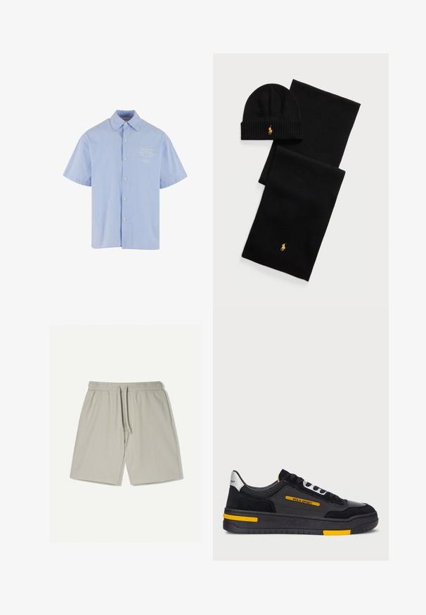 Košile s krátkým rukávem v světle modré barvě s bílými pruhy, obsahující klasický límec a malý vyšitý vzor na hrudi.; Svetle šedé sportovní šortky vyrobené z hladké, prodyšné látky. Mají elastický pas se šňůrkou a jemné boční švy.; Černé tenisky s svrchním materiálem z semiše a síťoviny, s žlutými akcenty a silnou černou podrážkou. Šněrování a branding "POLO SPORT" na boku.; Černá pletená čepice a šála. Má žebrovanou strukturu a zlaté logo jako akcenty. Měkká tkanina s elegantním designem, vhodná do chladného počasí.