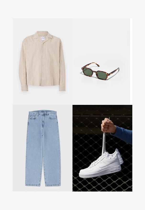 Bežna srajca z dolgimi rokavi in mornarsko modrimi navpičnimi črtami, gumbom na sprednji strani in ovratnikom. Narejena je iz mehke, teksturirane tkanine.; Svijetloplave traperice s ravnim nogavicama, srednjeg struka, pet džepova te zatvaranjem na gumb i munju.; Bela usnjena športna obutev s perforacijami, okroglo konico, ravnim podplatom in debelimi vezalkami, z vidnim logotipom smoosh in napisom "AIR" na peti.; Očalna okvir iz želvje školjke z zelenimi lečami, ki ima osemkotno obliko in tanke, zakrivljene ročke. Material ima sijajno površino.