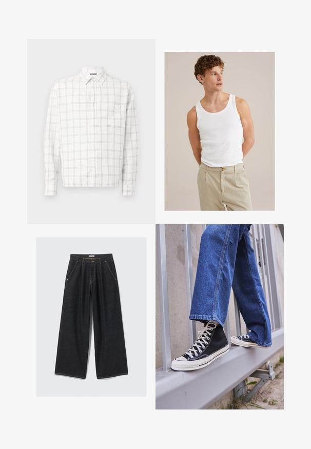 Biała koszula z długim rękawem w czarno-białą kratkę, z kołnierzykiem skośnym i zapięciem na guziki z przodu. Brak widocznej kieszeni.; Biały bawełniany top na ramiączkach z okrągłym dekoltem i szerokimi ramiączkami, połączony z jasnobeżowymi spodniami z guzikiem i plisami.; Ciemnoniebieskie spodnie o szerokich nogawkach z plisami z przodu, ukośnymi kieszeniami, szlufkami na pasek oraz zapięciem na guzik w pasie, oznaczone "WEEKDAY."; Czarne sneakersy za kostkę z białą podeszwą i sznurówkami, w połączeniu z luźnymi niebieskimi dżinsami, opierające się na szarym balustradzie.