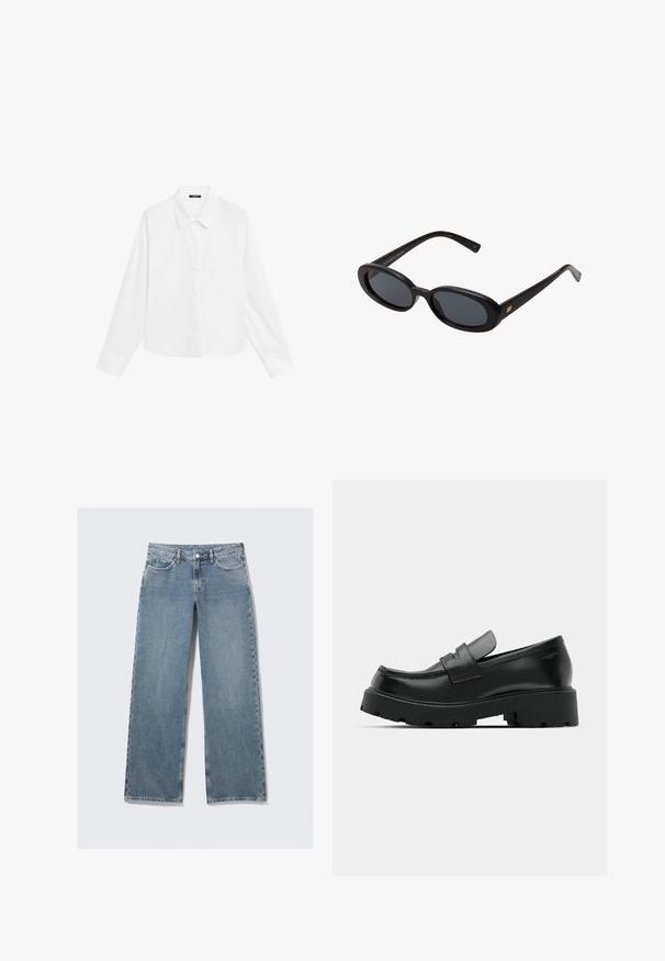 White long-sleeve shirt with a pointed collar, button-down front, and straight hem. Made from smooth fabric with a crisp, clean appearance.; Light blue high-waist straight-leg jeans with front pockets, belt loops, and a button closure on a white background.; Black leather loafers with a chunky textured sole, featuring a strap over the vamp and smooth, polished finish.; Black oversized sunglasses with oval lenses, smooth plastic frame, and gold accents on temple. Dark lenses provide sun protection.; Silver ring with a smooth, curved design featuring a star accent. Model wearing a green sweatshirt with yellow lettering, hands near the neck.