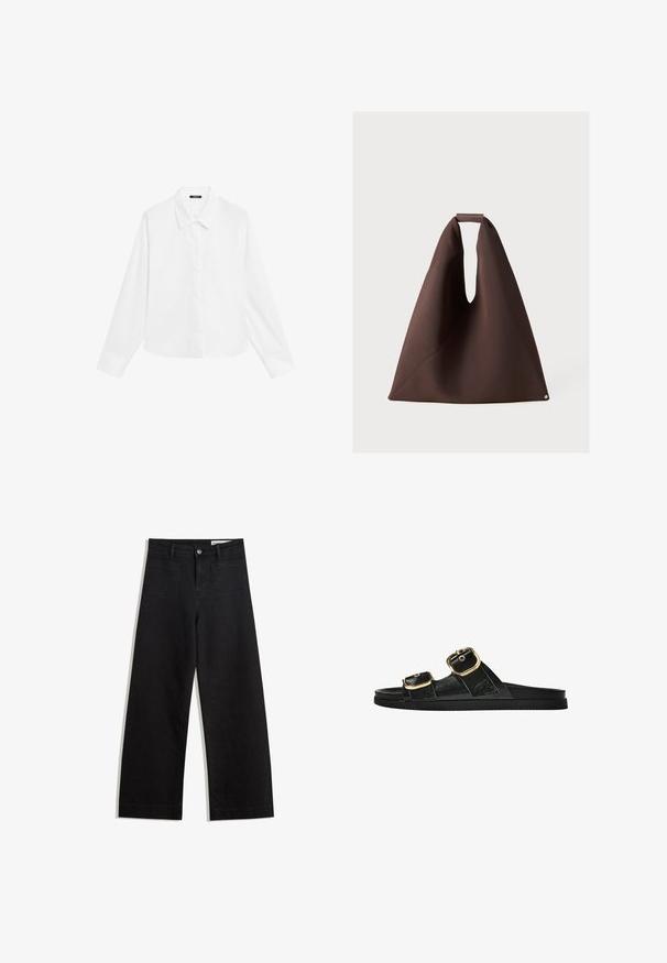 Witte blouse met lange mouwen, een puntige kraag, knoopsluiting aan de voorkant en een rechte zoom. Gemaakt van een gladde stof met een frisse, schone uitstraling.; Zwarte denim broek met wijde pijpen en een hoge taille, voorzien van voor- en achterzakken, gestikte naden en een knoopsluiting. Gladde textuur.; Zwarte slipper met twee gouden gesps, gladde textuur, platte zool en een minimalistisch ontwerp.; Bruine stoffen draagtas met een unieke vorm, met een brede opening, een gestructureerd oppervlak en een kleine ronde accent aan de basis.