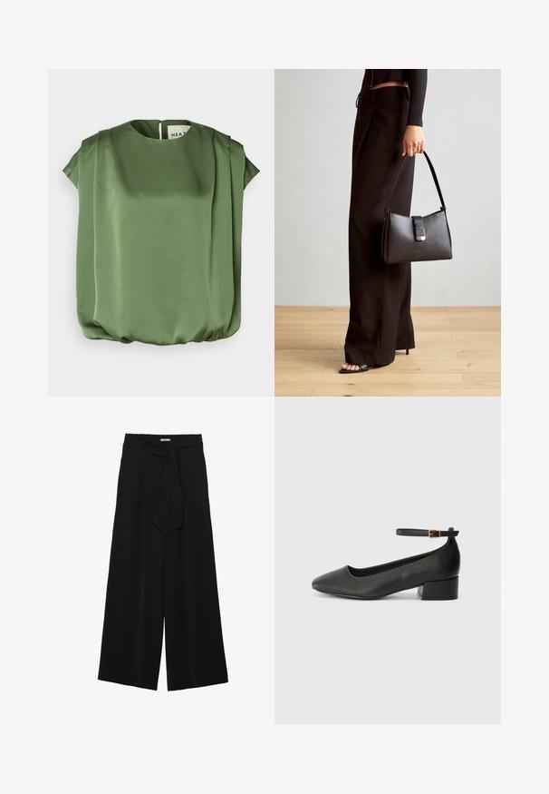 Heathe ABIOYE BUBBLE - Bluse - green; Schwarze weite Hosen aus strukturiertem Stoff, mit elastischem Bund und einem abnehmbaren Bindegürtel in der Taille für eine verstellbare Passform.; Schwarze Lederpumps mit spitzem Zehenbereich und niedrigem Blockabsatz. Mit einem Knöchelriemen und einer goldfarbenen Schnalle. Glatte Textur.; Schwarze Handtasche mit strukturierter Form, glatter Textur und einem metallischen Verschluss. Kombiniert mit weiten schwarzen Hosen und offenen Sandalen auf einem Holzboden.